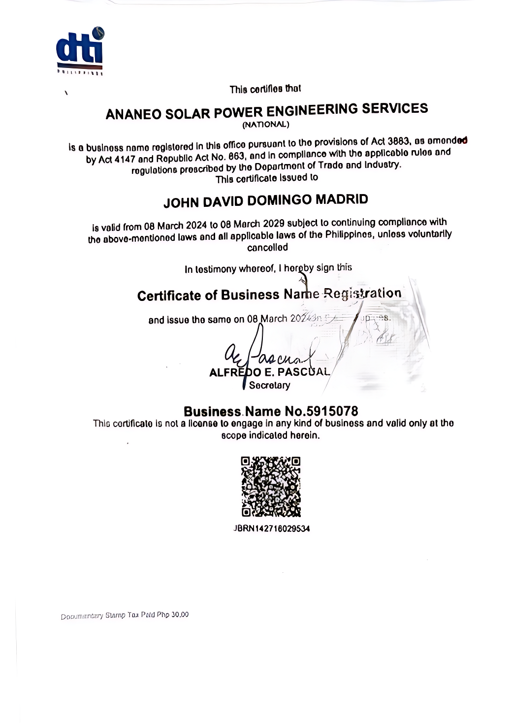 DTI Certificate